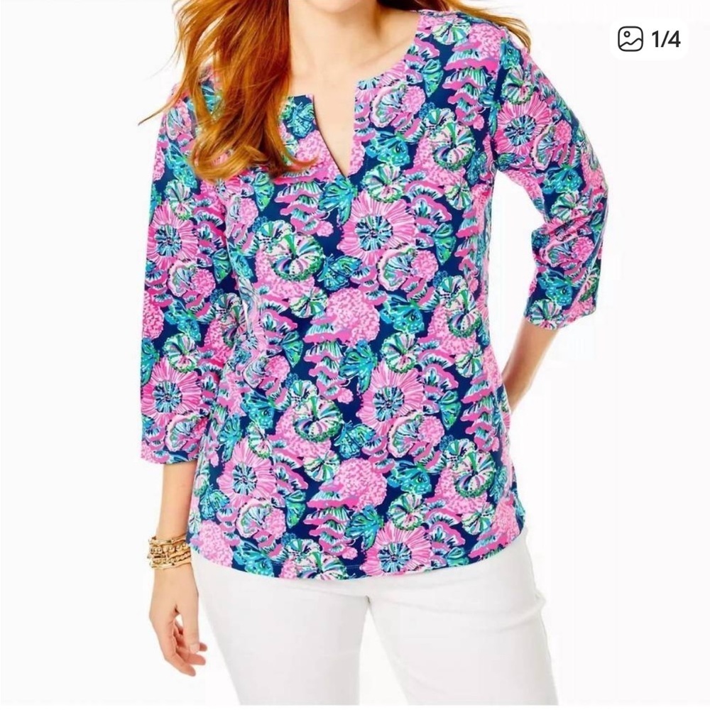 LILLY PULITZER upf 50+ karina tunic in oyster bay navy Small